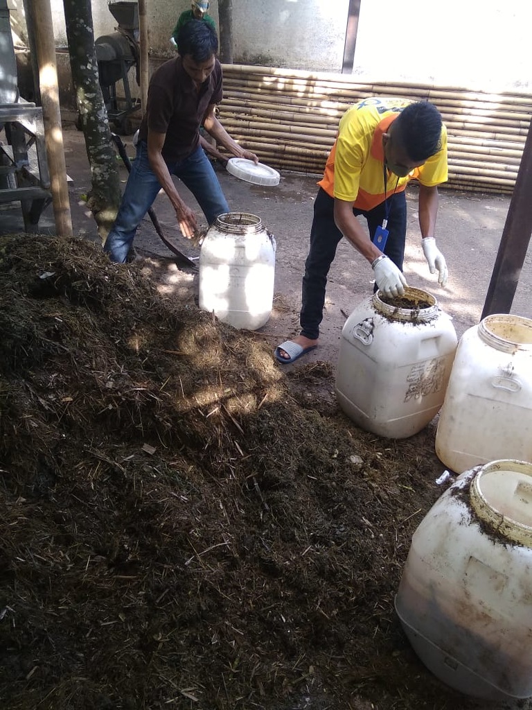 Image 25. People filling white drums from a large outdoor compost pile