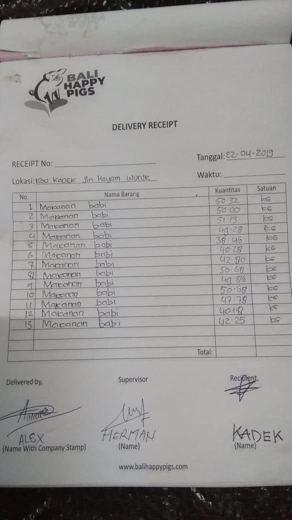 Bali Happy Pigs delivery receipt listing pig feed weights in kilograms