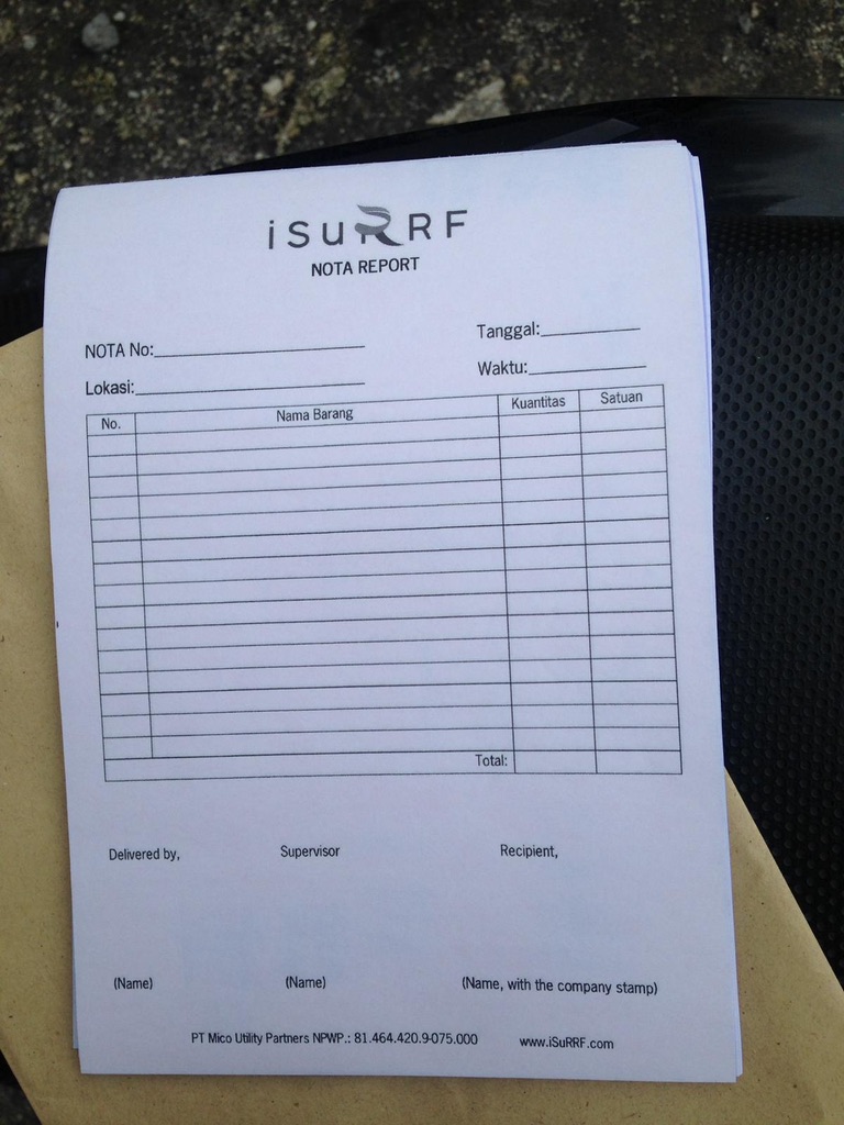 Image 42. Blank iSuRRF Nota Report form showing header fields for location and quantity
