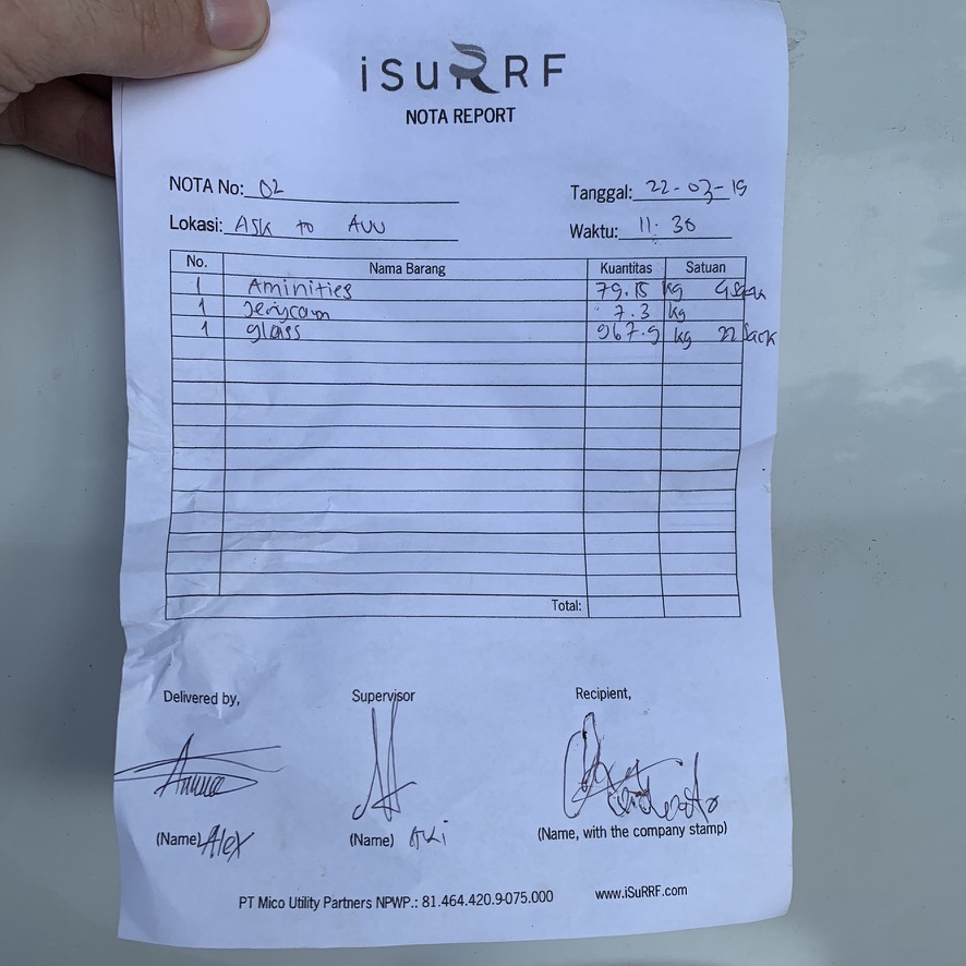 Image 40. iSuRRF Nota Report form dated 22 March 2019 for amenities, styrofoam and glass