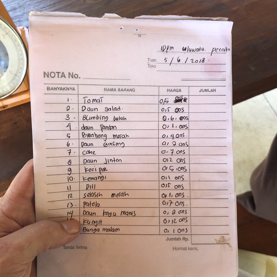 Image 41. Handwritten produce note dated 5 June 2018 with IDPM Uluwatu Pecatu header